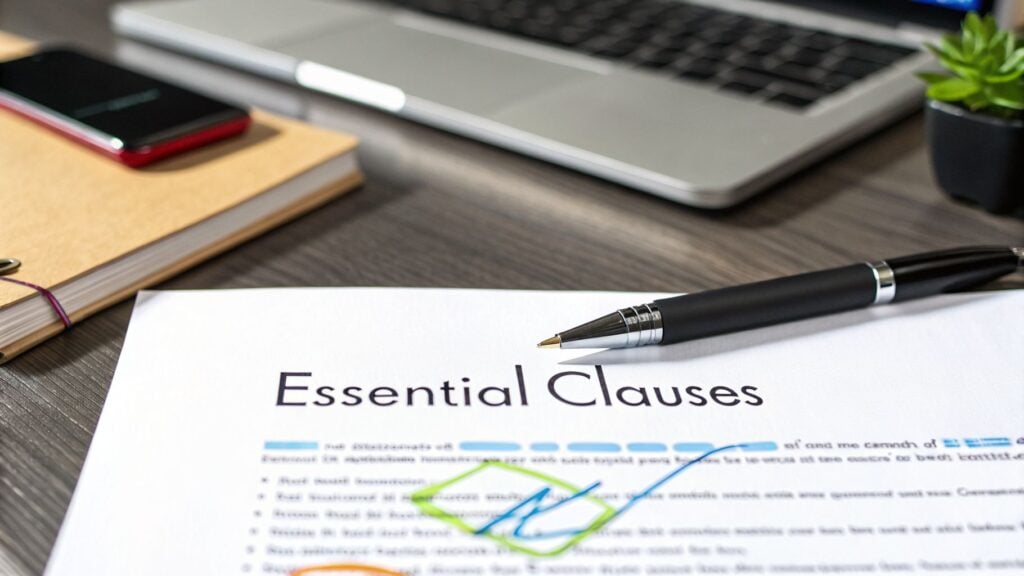 Close-up of a document titled 'Essential Clauses' with a pen, laptop, and smartphone on a wooden desk.