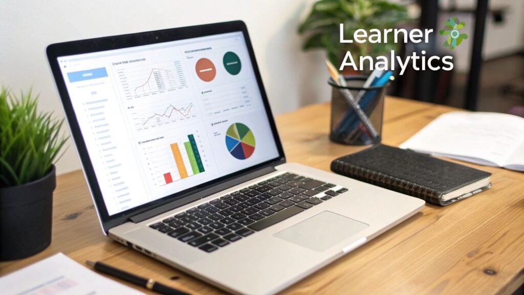 Laptop displaying learner analytics dashboards with various charts and graphs on a wooden desk.