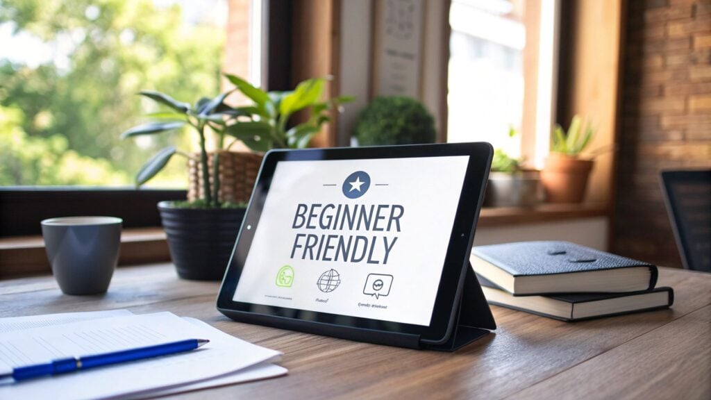 A tablet on a wooden desk displays 'Beginner Friendly' text with icons, alongside books and a pen.