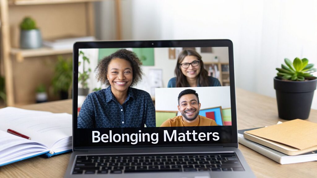 A laptop displays a virtual meeting with three diverse, smiling people and "Belonging Matters" text.