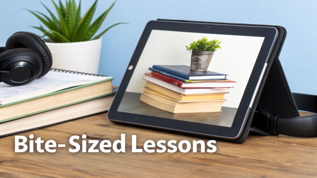 A tablet on a wooden desk displaying books, next to headphones, physical books, and a plant for online learning.