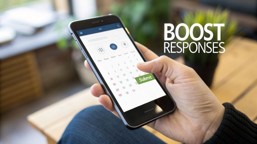 A hand tapping a 'Submit' button on a smartphone app screen with text 'BOOST RESPONSES'.