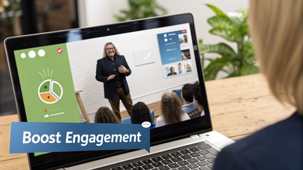 A person watches a webinar on a laptop showing a presenter, an audience, and a 'Boost Engagement' banner.