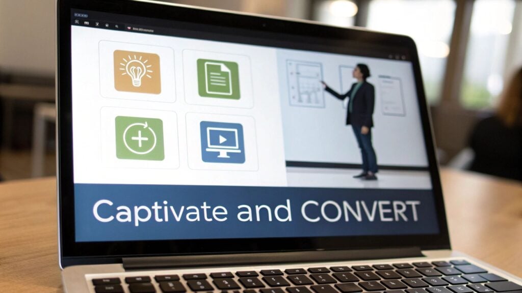 Close-up of a laptop screen displaying a presentation about captivating and converting content.