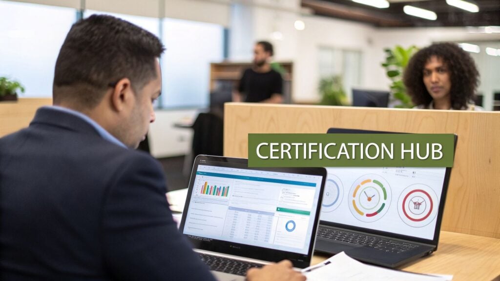 A man works on two laptops displaying data and charts in an office, with a 'CERTIFICATION HUB' overlay.