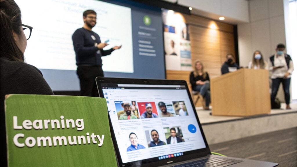 An attendee at a "Learning Community" event with a laptop open, listening to a presentation.