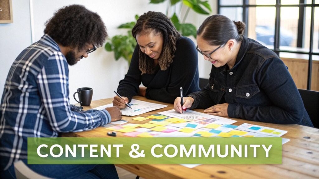 Three diverse people collaborate at a table, writing on documents with sticky notes, signifying content and community work.