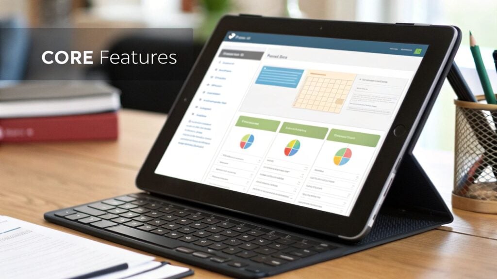 An iPad with a keyboard case displays a self-paced course dashboard on a wooden desk.
