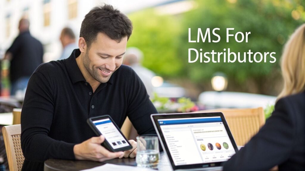 Happy man and woman using mobile and laptop for online learning, possibly LMS for distributors.