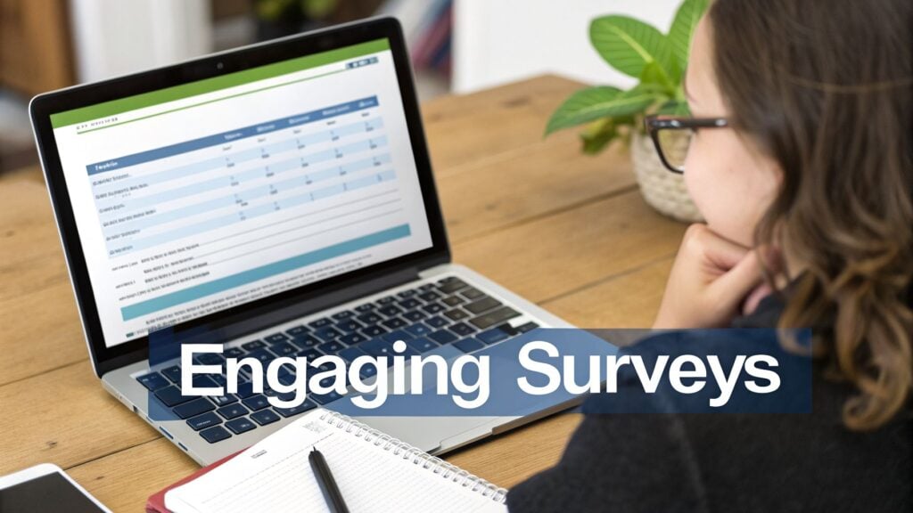 A person with glasses looks at a laptop displaying survey data and a notebook on a wooden desk.