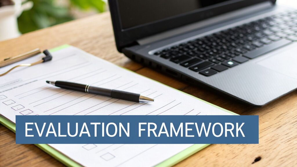 A pen on a checklist form next to a laptop on a wooden desk, with 'EVALUATION FRAMEWORK' banner.