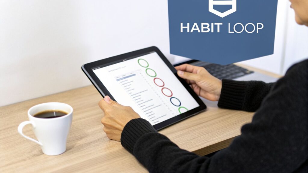 Hands holding a tablet displaying a habit tracking application next to a coffee mug.
