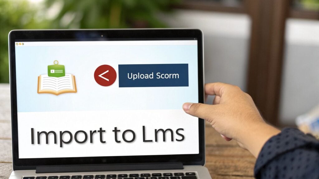 Person's hand touching laptop screen displaying 'Upload Scorm' and 'Import to Lms' for e-learning.