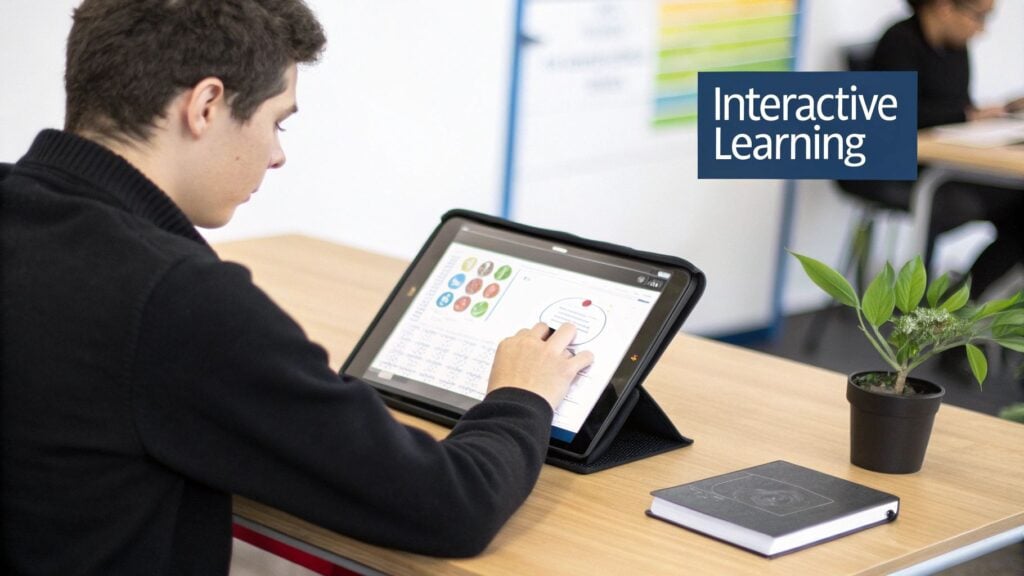 Young student engages with a tablet for interactive learning in a modern classroom environment.