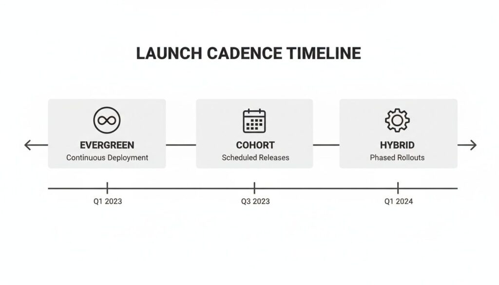Launch Cadence Timeline diagram showing Evergreen, Cohort, and Hybrid deployment strategies with quarterly dates.