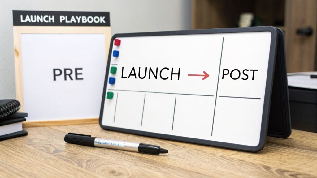 Desk with whiteboards displaying a product launch calendar: PRE, LAUNCH, and POST phases, alongside a marker.