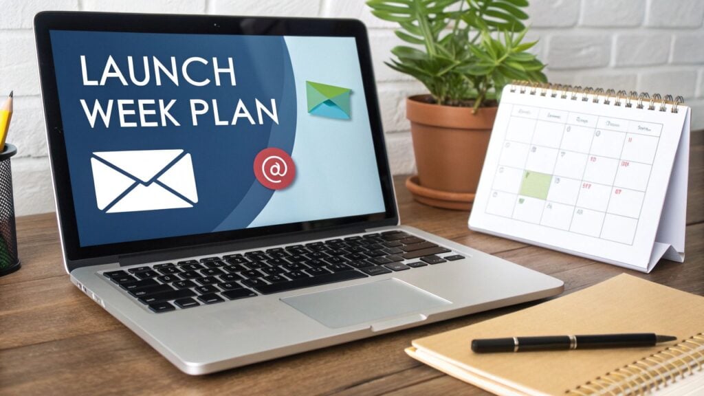A laptop displaying 'LAUNCH WEEK PLAN' with email icons, a calendar, and a notebook on a wooden desk.
