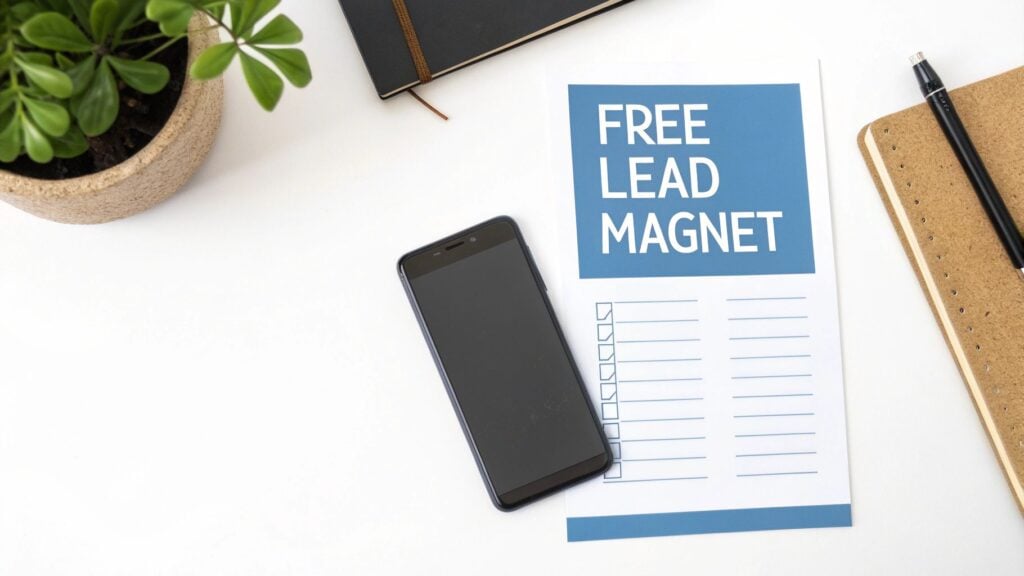 Flat lay of a modern workspace with a smartphone, a 'FREE LEAD MAGNET' document, and a plant.