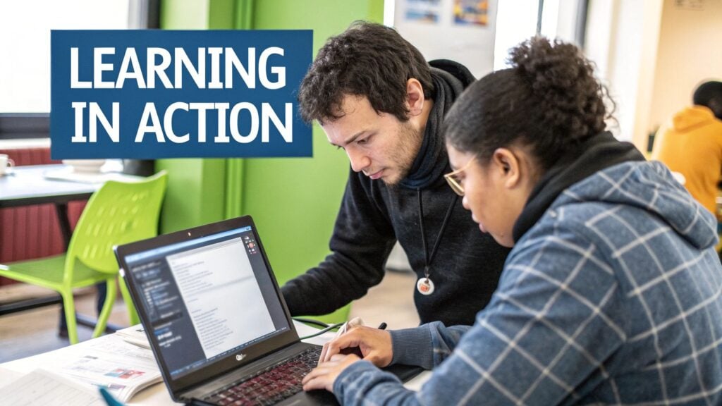 Two diverse students collaborate on a laptop, engaging in "LEARNING IN ACTION" in a classroom setting.