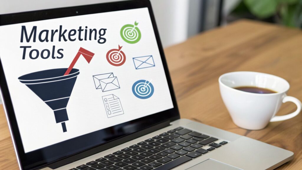 A laptop displaying marketing tools icons and text on a wooden desk with a coffee cup.