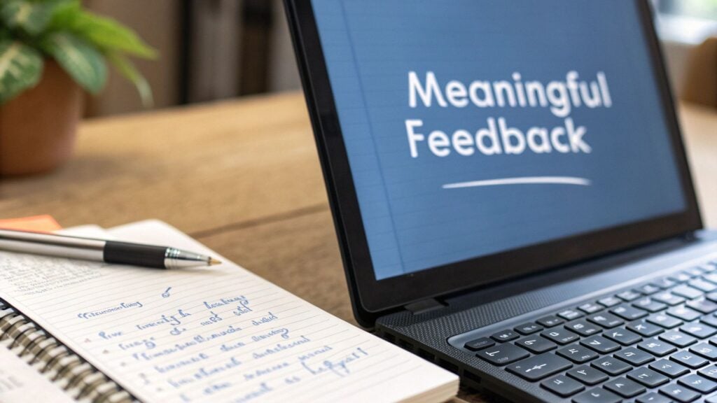A laptop screen displaying 'Meaningful Feedback' next to a notebook and pen on a wooden desk.