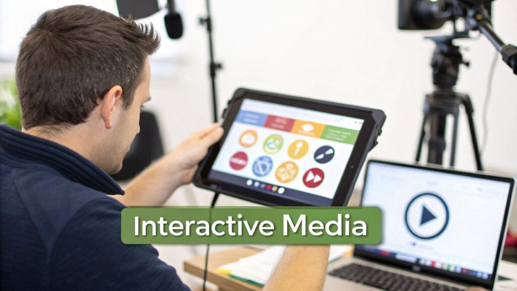 A person views interactive media on a tablet, with a laptop playing a video and a recording setup.