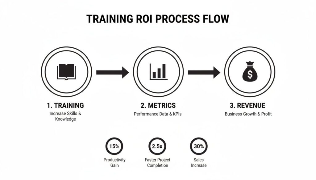 Training ROI process flow showing how training leads to metrics, revenue, and business growth.