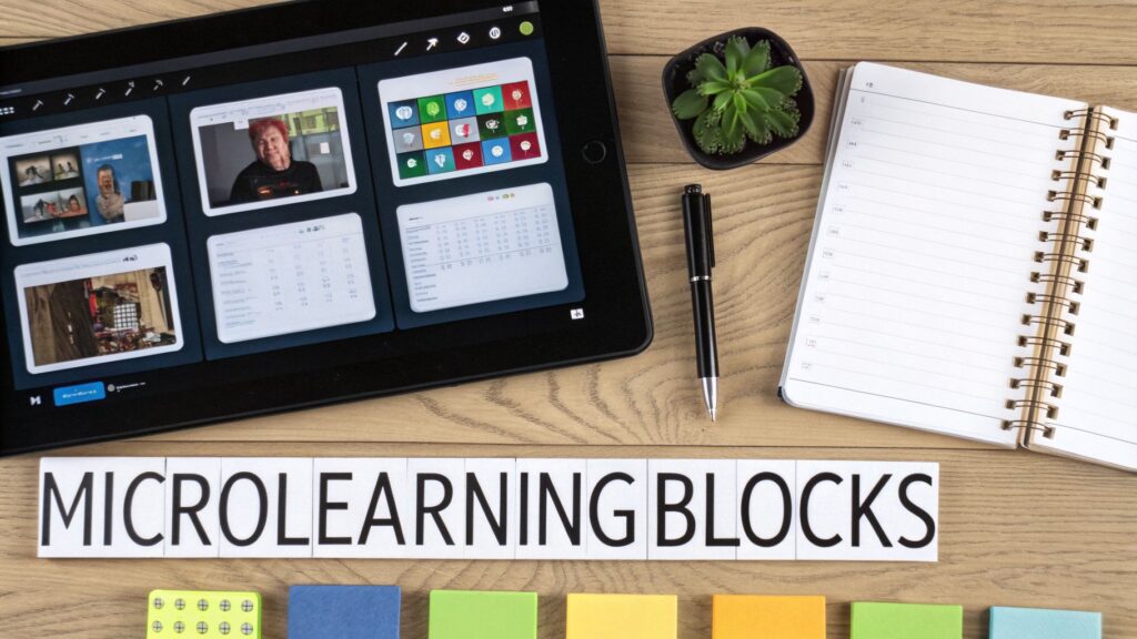 Tablet displaying learning modules, a notebook, a pen, and 'MICROLEARNING BLOCKS' on a wooden desk.