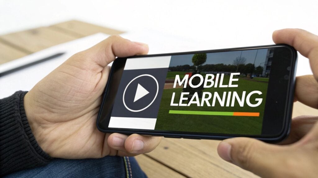 Hands holding a mobile phone displaying a video on "MOBILE LEARNING" with a play button.