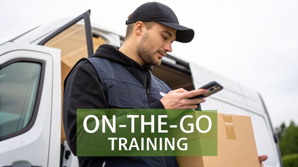 A male delivery driver checks his phone while holding a package next to his white delivery van.