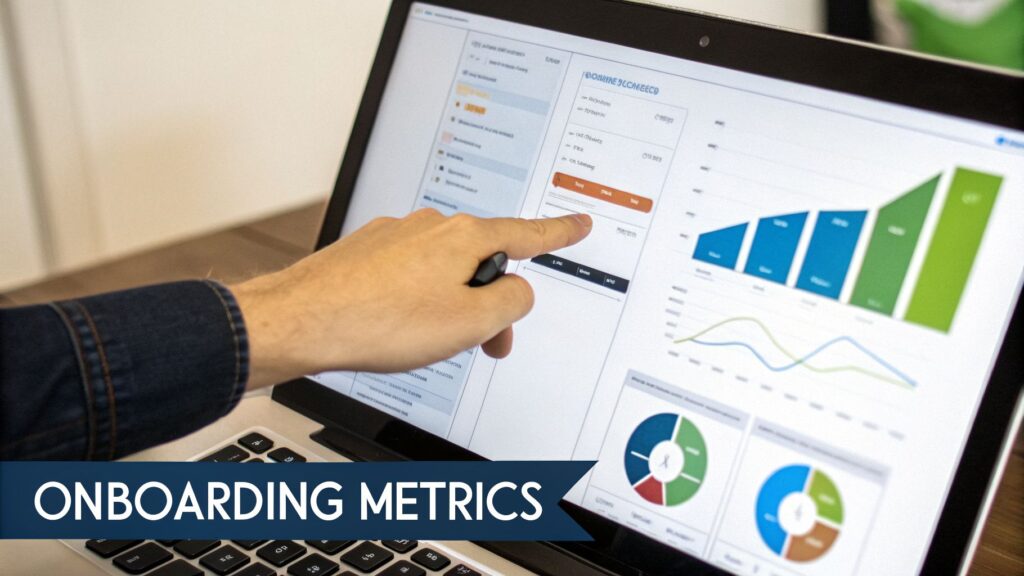 A person's hand points at a laptop screen displaying onboarding metrics, charts, and data analysis.