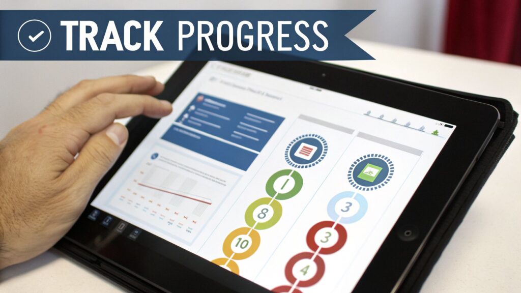 A hand interacts with a tablet displaying a data visualization dashboard to track progress.