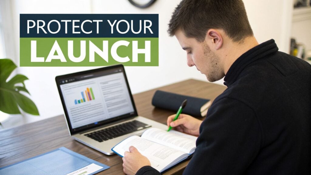 Man studying at desk with laptop and open book, with text overlay 'PROTECT YOUR LAUNCH'.