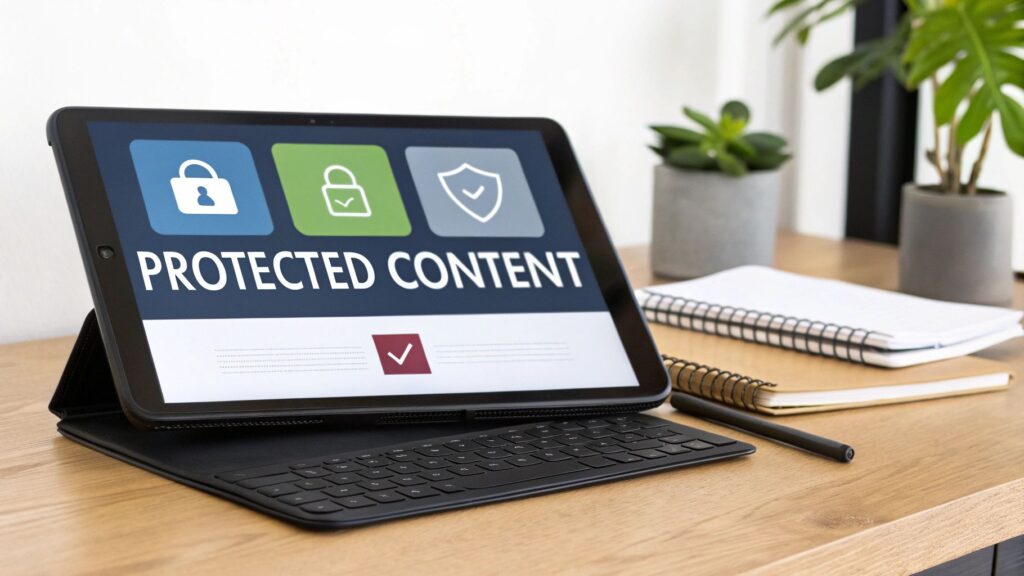A tablet displays 'PROTECTED CONTENT' with lock and shield icons on a desk.