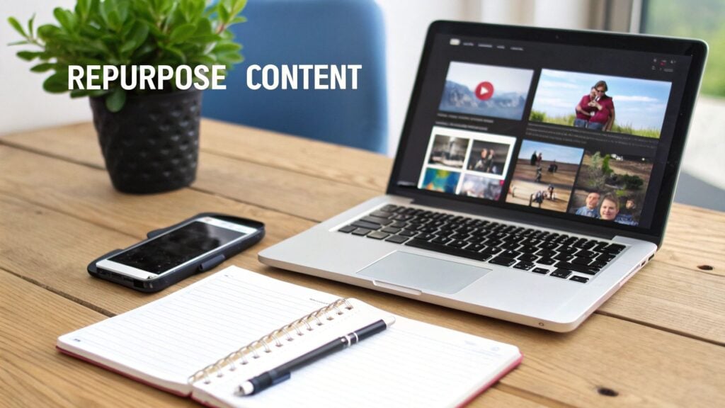 A laptop on a wooden desk displays various content, alongside a phone, notebook, and plant.