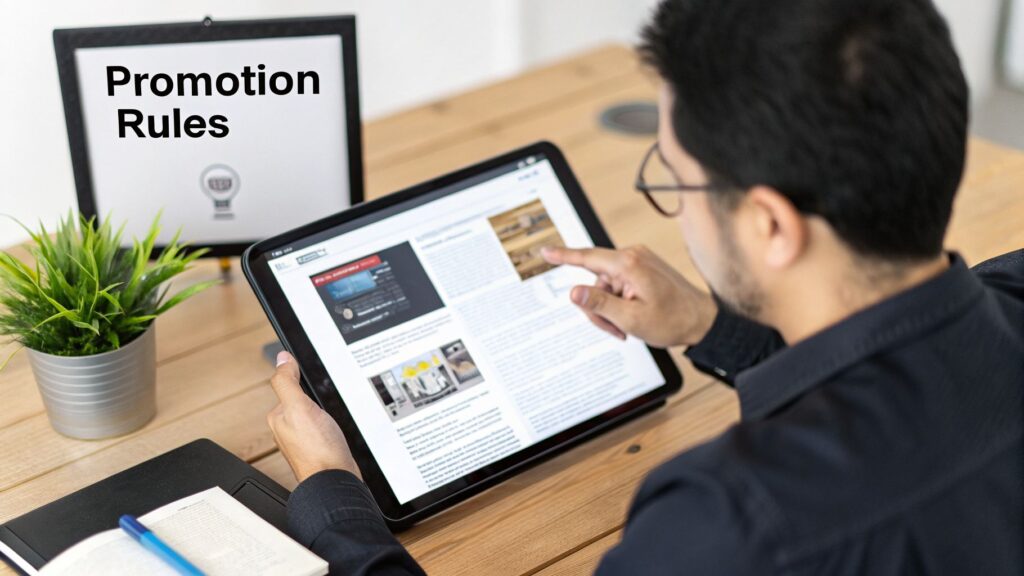 A person views content on a tablet, with a monitor displaying 'Promotion Rules' in the background.