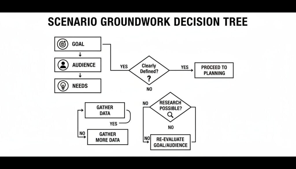 A decision tree flowchart for scenario groundwork, detailing steps from goal setting to planning or re-evaluation.