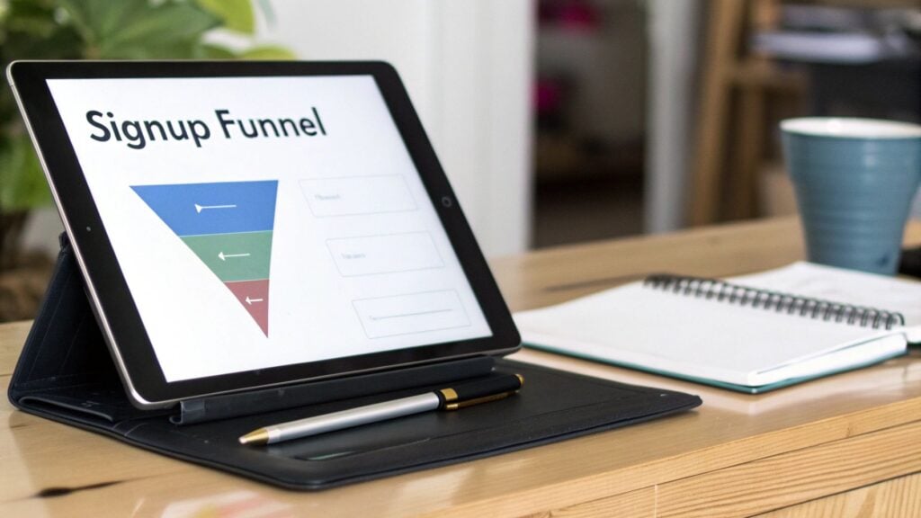 A tablet on a wooden desk displays a 'Signup Funnel' diagram, with a pen, notebook, and mug.