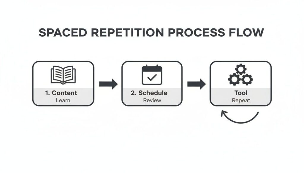 Spaced repetition process flow diagram showing three steps: Content (Learn), Schedule (Review), and Tool (Repeat).