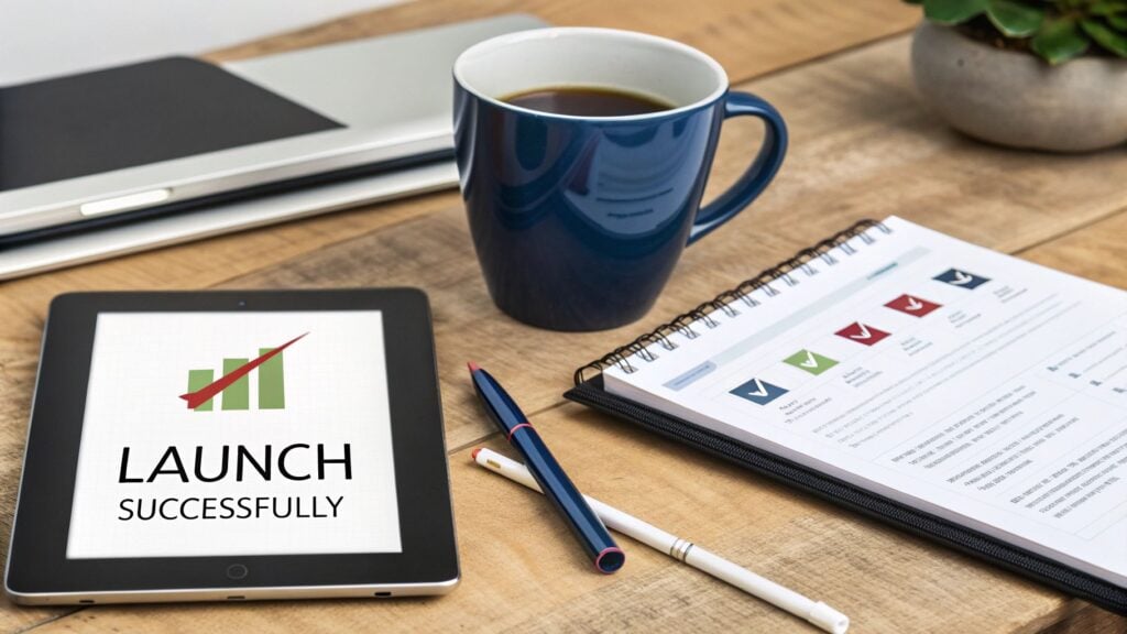 A desk setup with a tablet displaying 'LAUNCH SUCCESSFULLY' on a growth chart, coffee, laptop, and notebook.