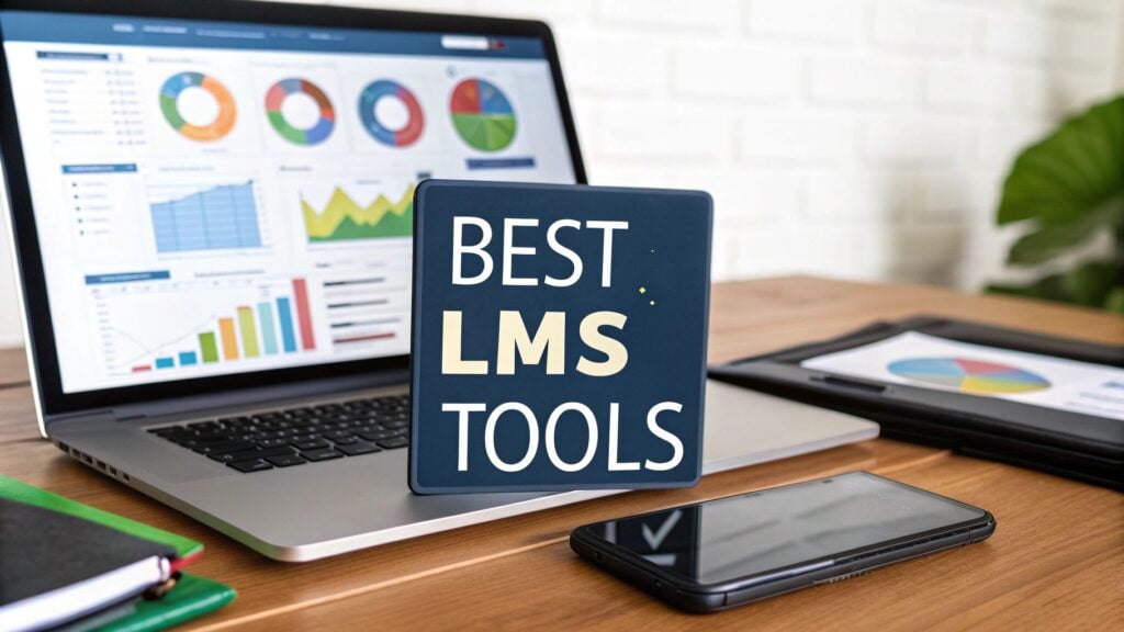 "Best LMS Tools" written on tablet on a desk in front of a laptop.