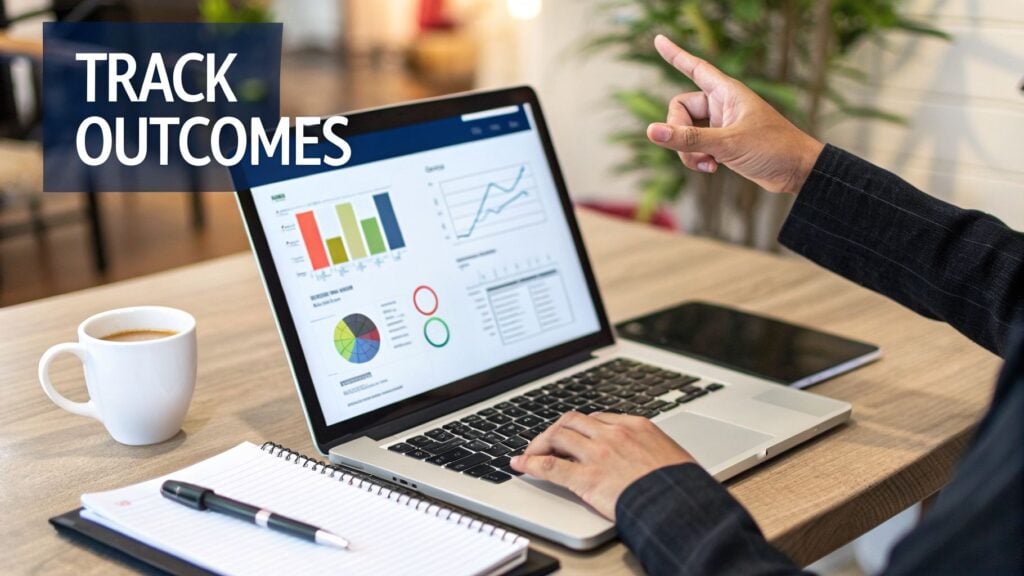 A person analyzes business outcomes on a laptop displaying charts, with coffee and a notebook on a desk.