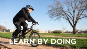 A young person in a helmet and black hoodie rides a BMX bike on a paved path outdoors, embodying 'Learn by Doing'.