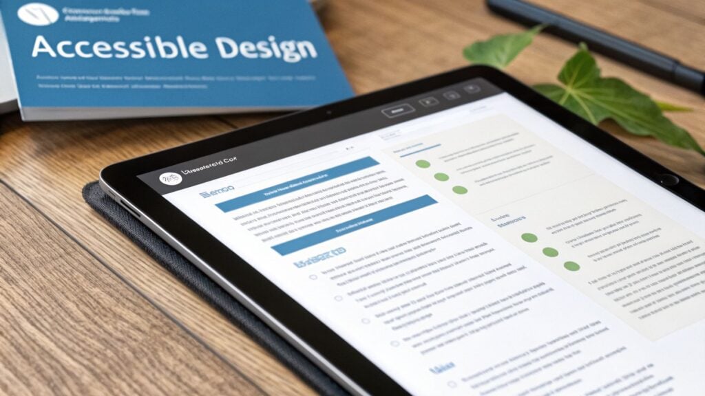 Tablet displaying an accessibility website next to an 'Accessible Design' book on a wooden desk.