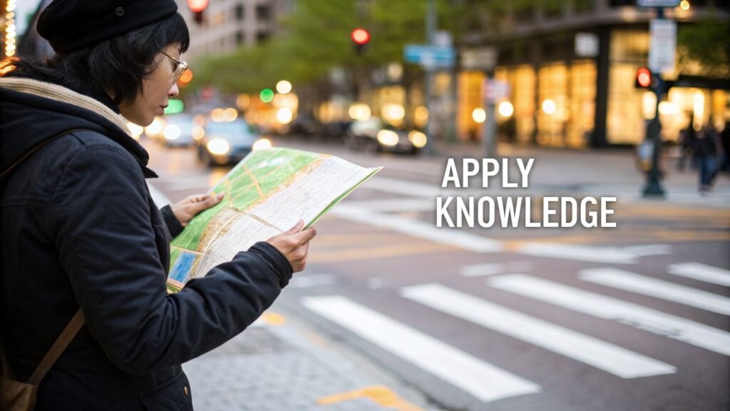 A person in a city studies a paper map, applying knowledge to navigate urban streets.