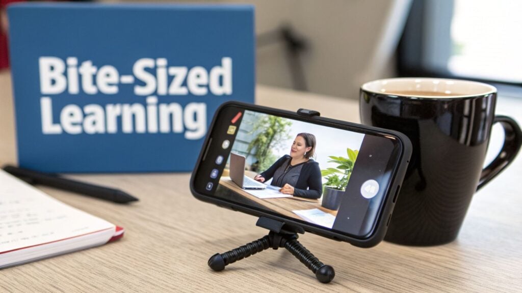 A smartphone on a mini tripod shows a woman presenting on a video call, next to a "Bite-Sized Learning" sign and a coffee mug.