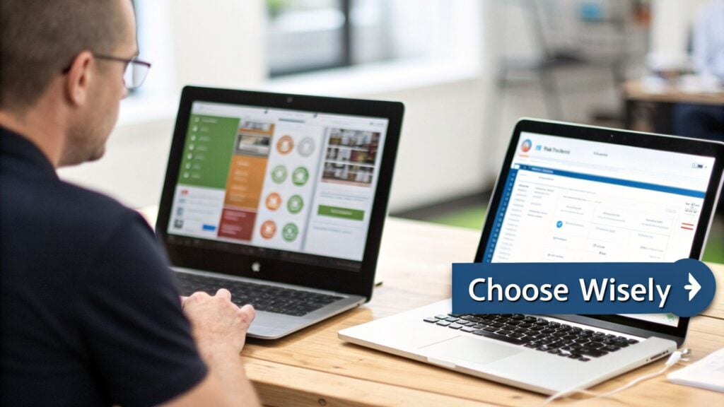 Person comparing two learning management systems on laptops with a 'Choose Wisely' banner.