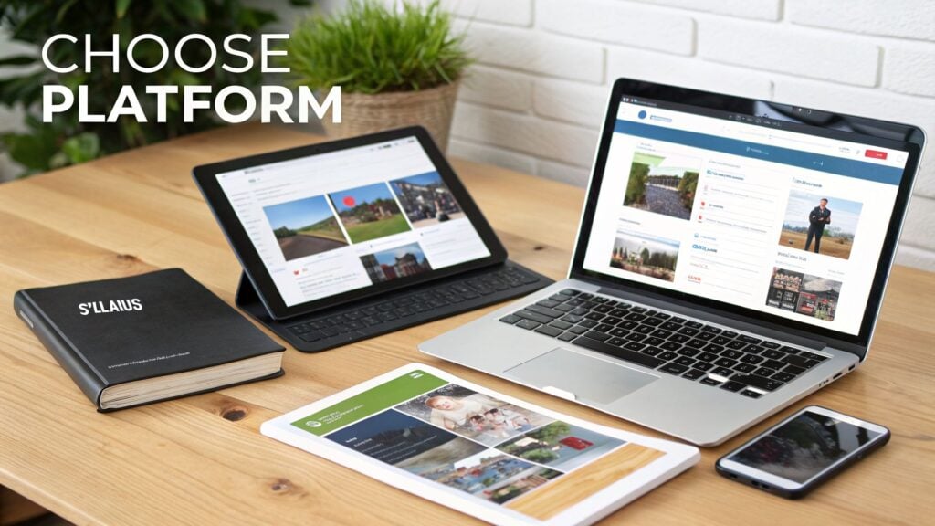 A wooden desk with a laptop, two tablets, a smartphone, and a book, highlighting different platforms.