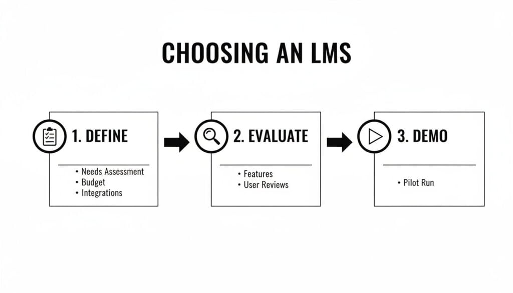 A three-step process diagram illustrating how to choose an LMS, including defining, evaluating, and demoing.