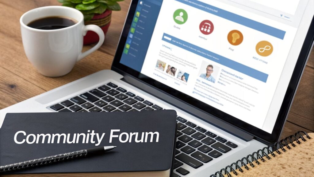 A laptop displaying a community forum website, with a notebook labeled 'Community Forum' and a pen on a desk.